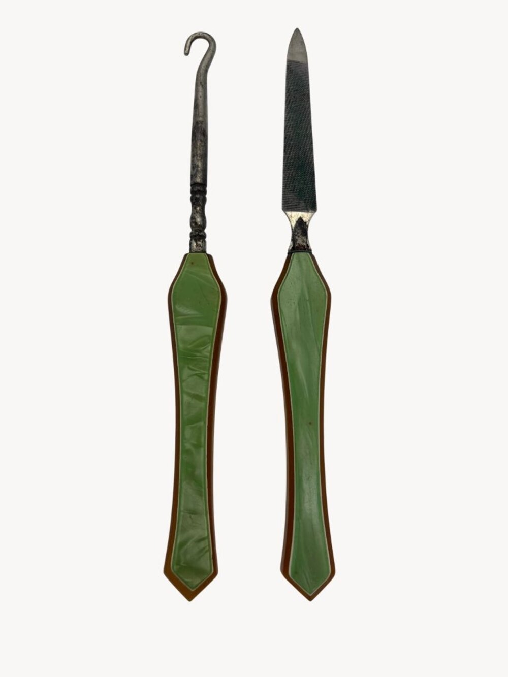 Vintage Art Deco Celluloid Button Hook Nail File Set Green Amber Vanity Pair 6in